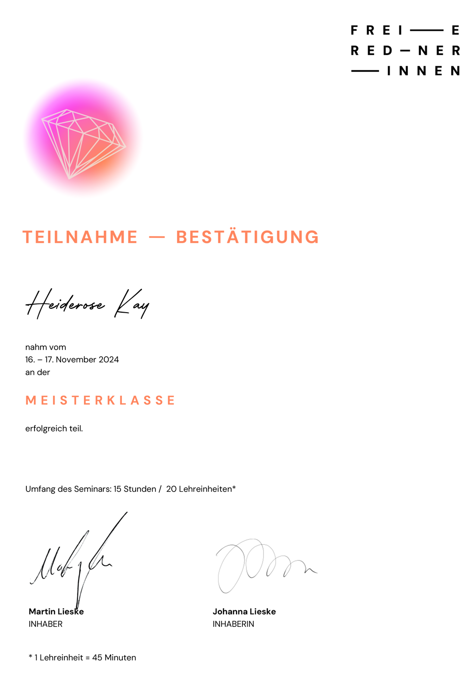 Zertifikat als frei Rednerin - 1 | Heiderose Kay